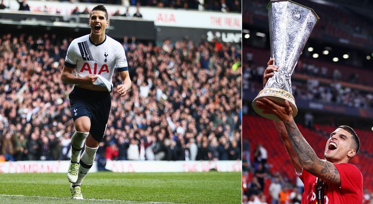 Erik Lamela celebrates his goal against United in 2016 and, right, lifts the UEFA Europa League trophy after Sevilla beat Roma in 2023