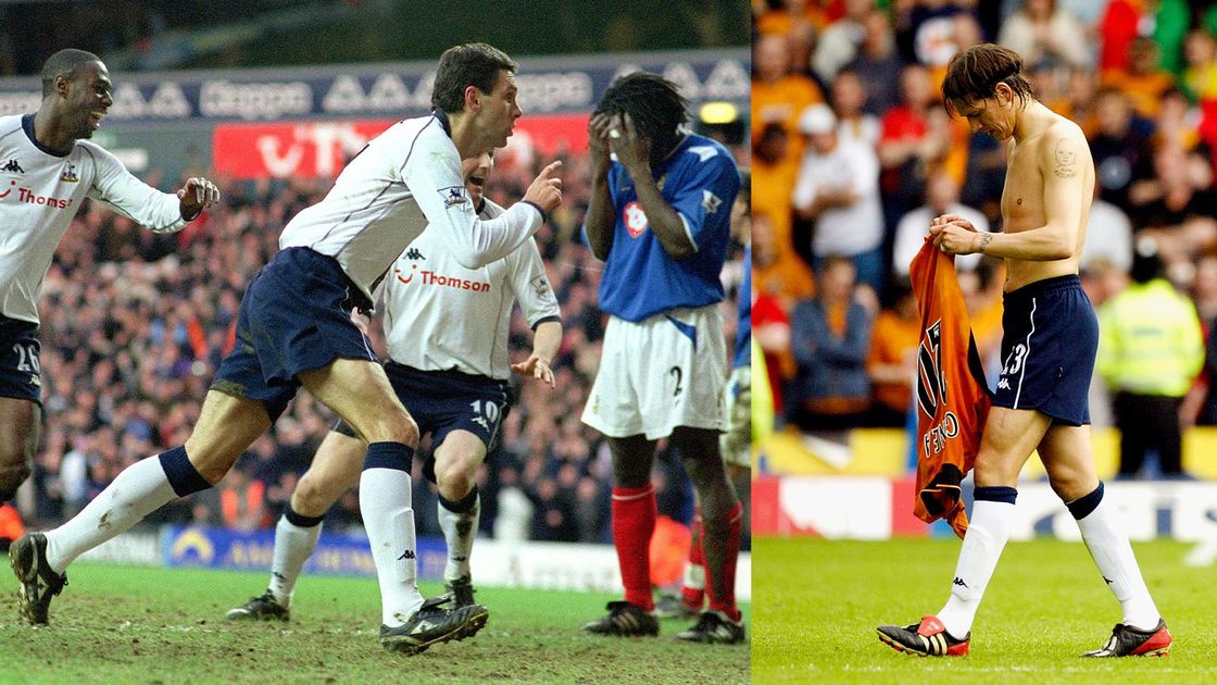Gus Poyet scores his last goal for us against Pompey, left, while Christian Ziege walks off at Molineux after his last game for us - 2004