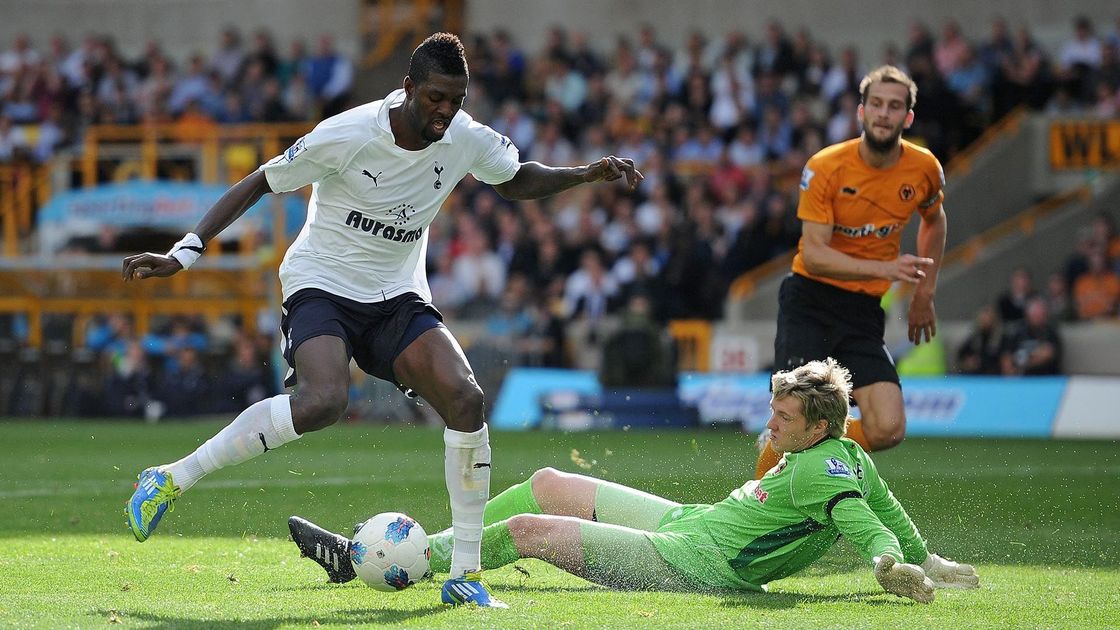 Emmanuel Adebayor scores on his debut against Wolves in 2011