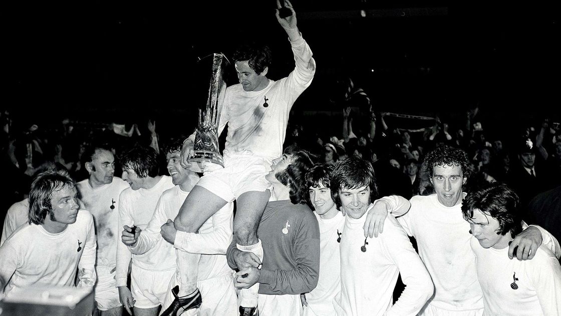 Alan Mullery lifts the trophy after our UEFA Cup Final win against Wolves in 1972