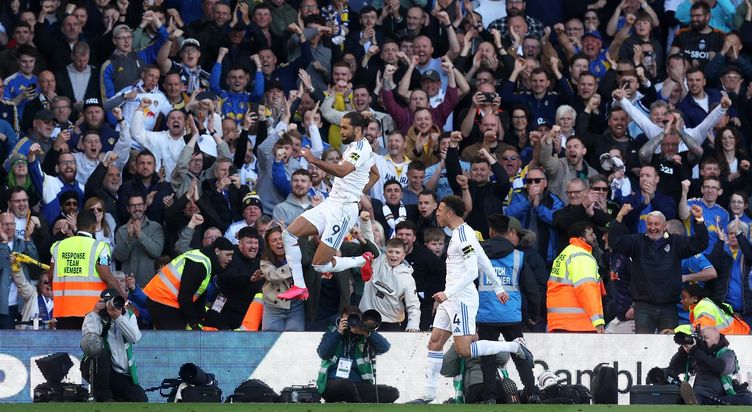 Dominic Calvert-Lewin jumps for joy after his recent goal against Wolves at Elland Road