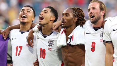 Djed Spence among the post-match celebrations after England beat Norway