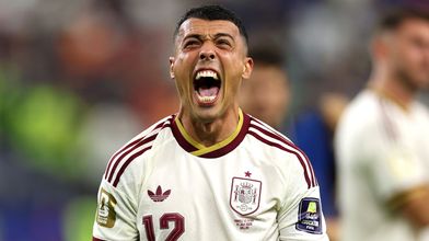 Pedro Porro celebrates Spain's win against France in the World Cup semi-final